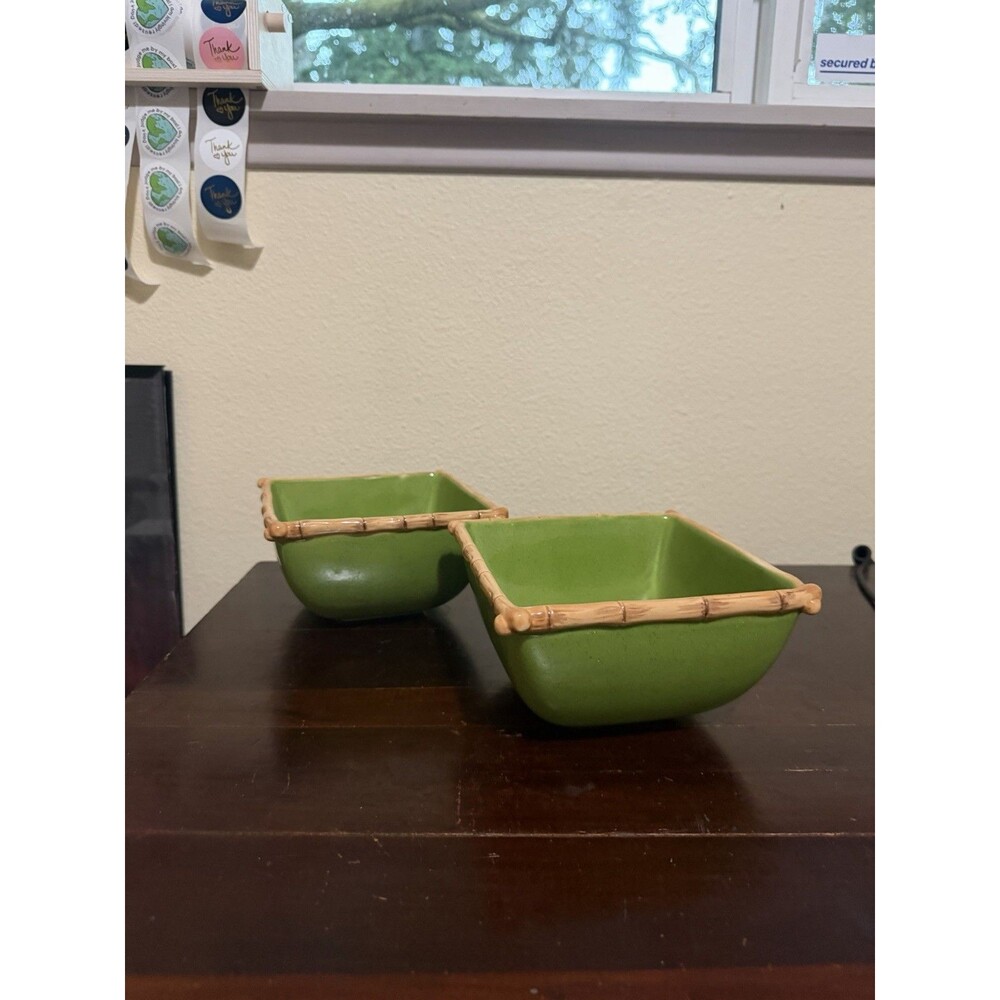 Ipanema Ceramic Bowls Green With Bamboo Trim Set Of 2